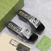 HIGH WEDGE PLATFORM IN BLACK GLOSSY CALFSKIN WITH DOUBLE CRYSTAL G BUCKLE