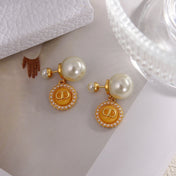 CD 26S DOUBLE PEARL MEDALLION LOGO DROP EARRINGS IN GOLD METAL