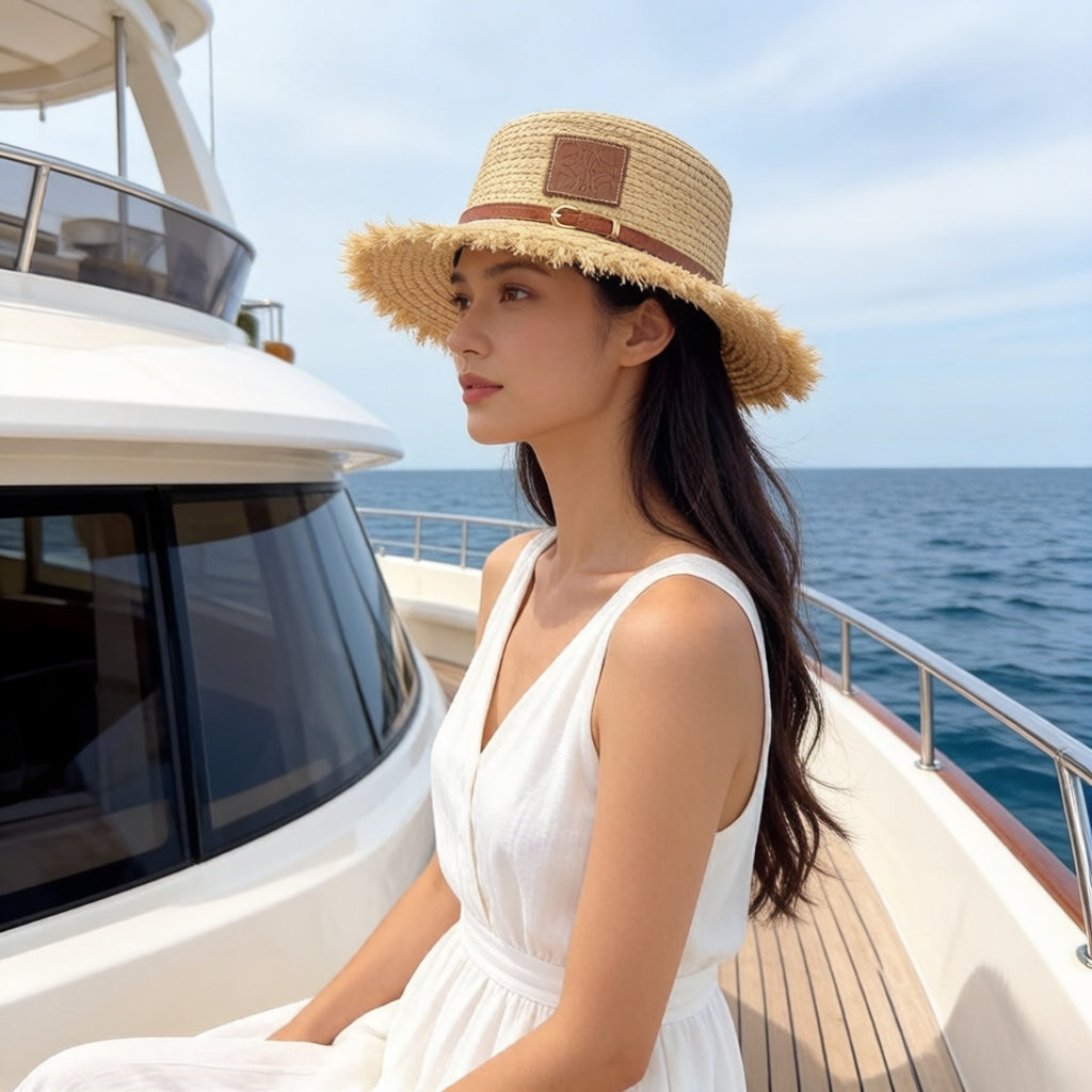LOEWE 26S FRAYED BRIM RAFFIA BOATER HAT STYLE 188