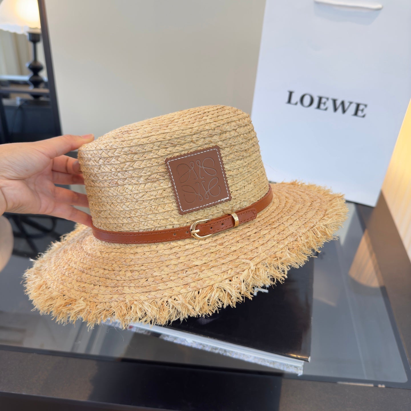 LOEWE 26S FRAYED BRIM RAFFIA BOATER HAT STYLE 188