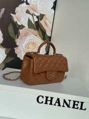 FLAP BAG 20 IN BRONZE BROWN LAMBSKIN WITH HANDLE- NEW