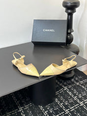 CHANEL 26S FLAT POINTED-TOE SLINGBACKS IN BEIGE AND PASTEL YELLOW LAMBSKIN