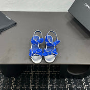 CHANEL 26S BOW SANDALS IN BLUE AND SILVER SUEDE