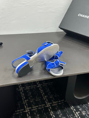CHANEL 26S BOW SANDALS IN BLUE AND SILVER SUEDE