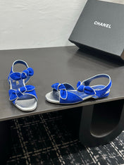 CHANEL 26S BOW SANDALS IN BLUE AND SILVER SUEDE