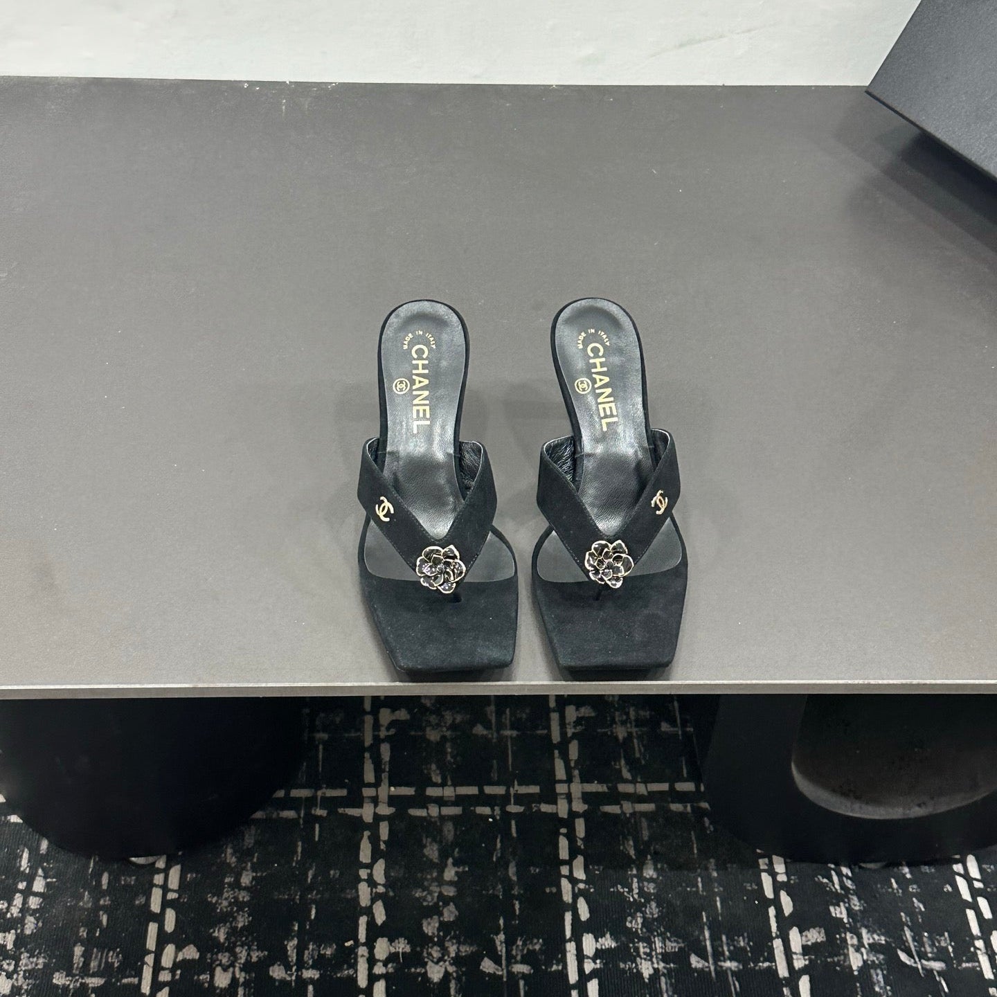 CHANEL 26S HIGH-HEEL THONG SANDALS IN BLACK SUEDE WITH FLOWER DETAIL
