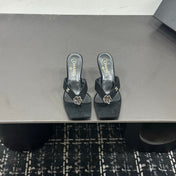 CHANEL 26S HIGH-HEEL THONG SANDALS IN BLACK SUEDE WITH FLOWER DETAIL