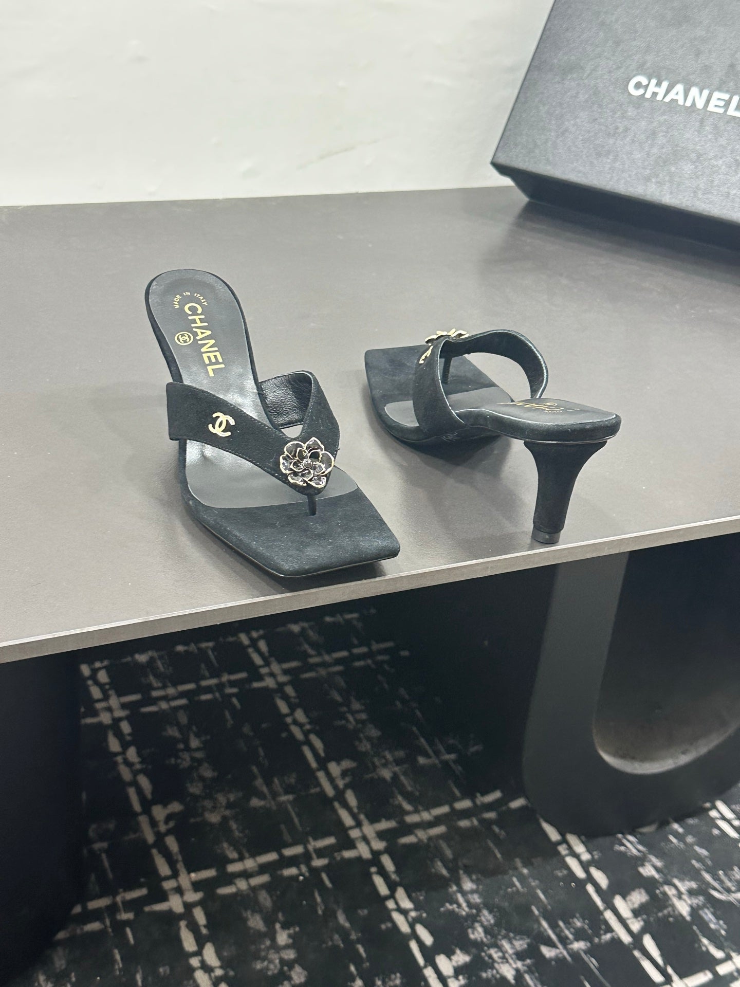 CHANEL 26S HIGH-HEEL THONG SANDALS IN BLACK SUEDE WITH FLOWER DETAIL