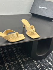 CHANEL 26S HIGH-HEEL THONG SANDALS IN LIGHT YELLOW LAMBSKIN WITH FLOWER DETAIL