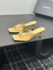 CHANEL 26S HIGH-HEEL THONG SANDALS IN LIGHT YELLOW LAMBSKIN WITH FLOWER DETAIL