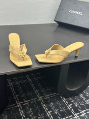 CHANEL 26S HIGH-HEEL THONG SANDALS IN LIGHT YELLOW LAMBSKIN WITH FLOWER DETAIL