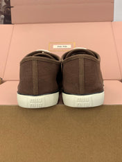 MIUMIU 26S LACE UP SNEAKERS IN DARK BROWN CANVAS RUBBER SOLE