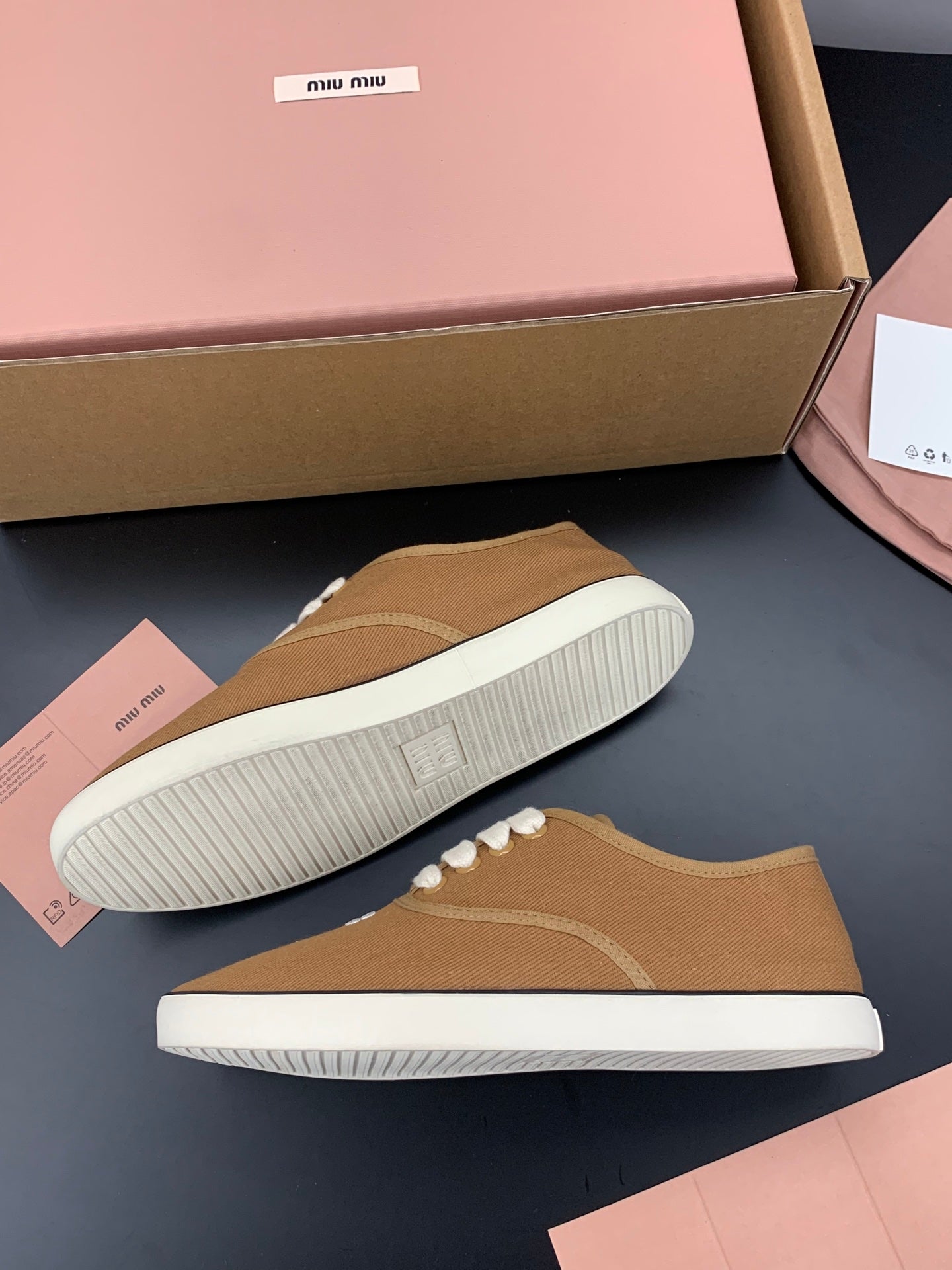 MIUMIU 26S LACE UP SNEAKERS IN CARAMEL BROWN CANVAS RUBBER SOLE