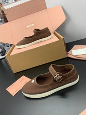 MIUMIU 26S MARY JANE FLATS IN DARK BROWN CANVAS LOGO