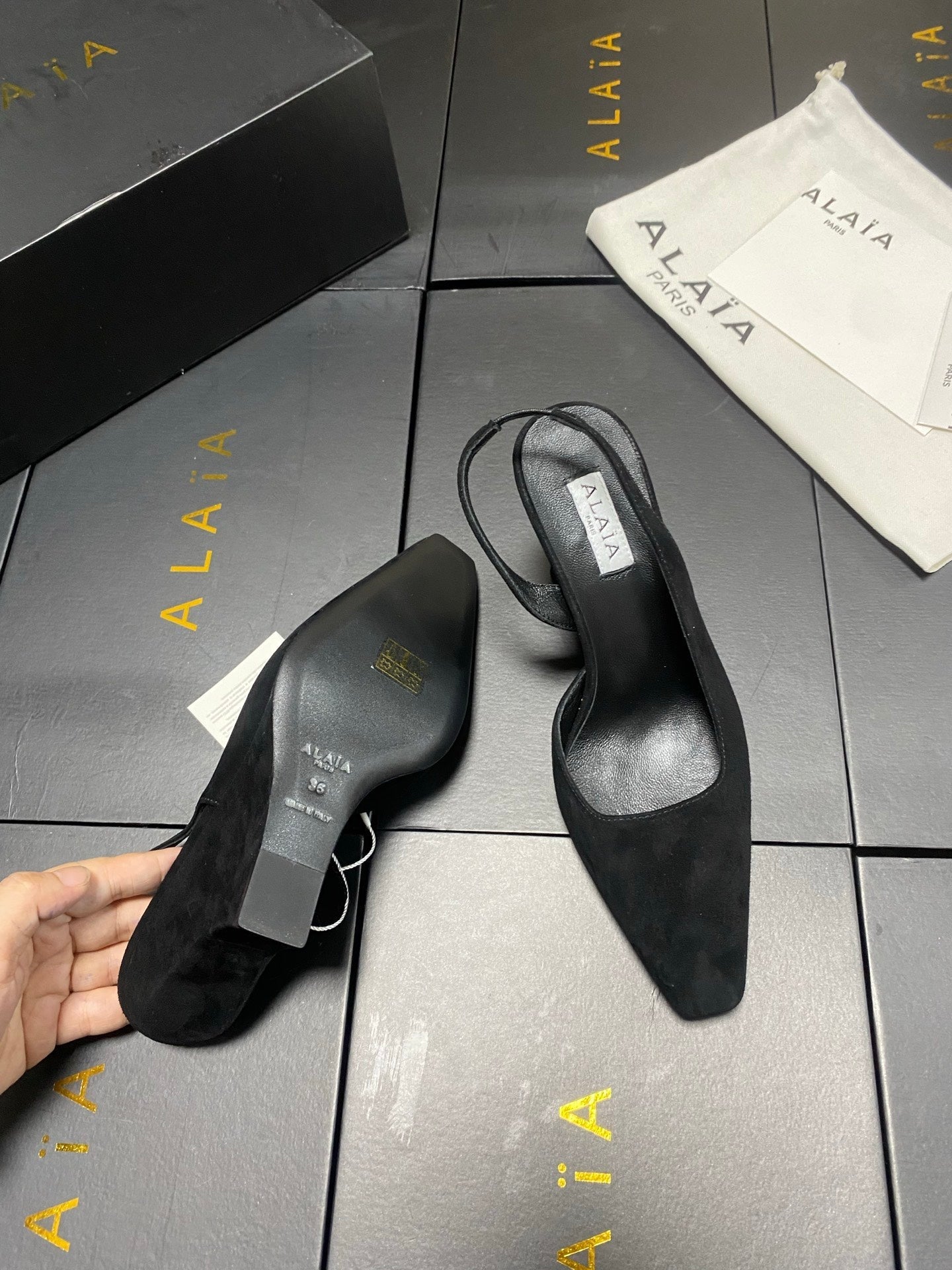 ALAIA 26S WEDGE SLINGBACKS 95 MM IN BLACK SUEDE