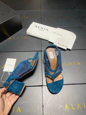 ALAIA 26S MESH THONG HEELS 55 MM IN PETROL BLUE SUEDE