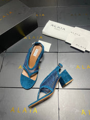 ALAIA 26S MESH THONG HEELS 55 MM IN PETROL BLUE SUEDE