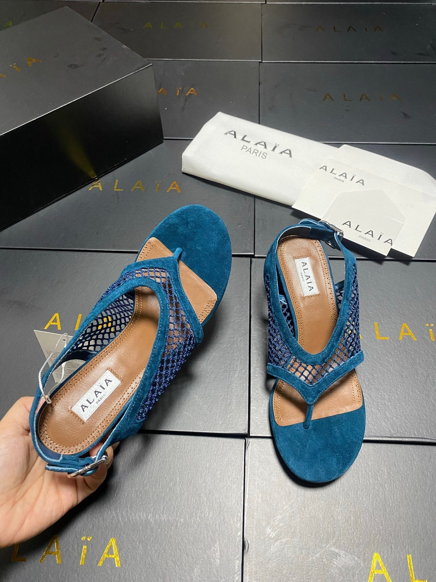 ALAIA 26S MESH THONG HEELS 55 MM IN PETROL BLUE SUEDE