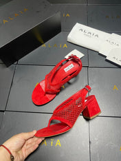 ALAIA 26S MESH THONG HEELS 55 MM IN RED SUEDE