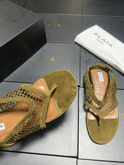 ALAIA 26S FLAT MESH THONG SANDALS MM IN MOSS GREEN SUEDE