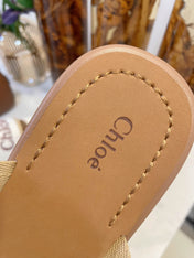 CHLOÉ WOODY WEDGE SANDALS IN WHITE CANVAS WITH CIDER BROWN RUBBER SOLE
