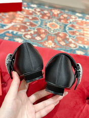 MARY JANES IN BLACK SATIN WITH CRYSTAL SQUARE BUCKLE