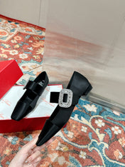 MARY JANES IN BLACK SATIN WITH CRYSTAL SQUARE BUCKLE