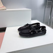 MIUMIU 26S BOAT SHOES IN BLACK MESH AND SUEDE