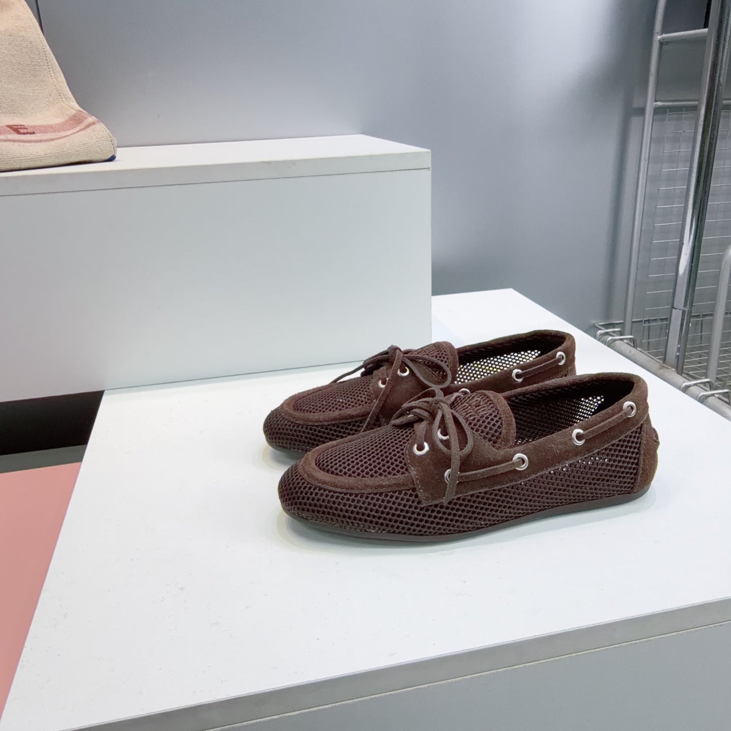MIUMIU 26S BOAT SHOES IN DARK BROWN MESH AND SUEDE