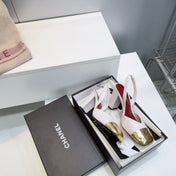 CHANEL 26S SLINGBACK 95 MM IN WHITE LAMBSKIN WITH GOLD CAP TOE