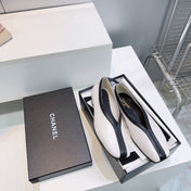 CHANEL 26S SQUARE-TOE FLATS IN WHITE LAMBSKIN WITH BLACK TRIM