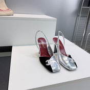 CHANEL 26S SLINGBACK 100 MM IN SILVER LAMBSKIN AND BLACK SUEDE