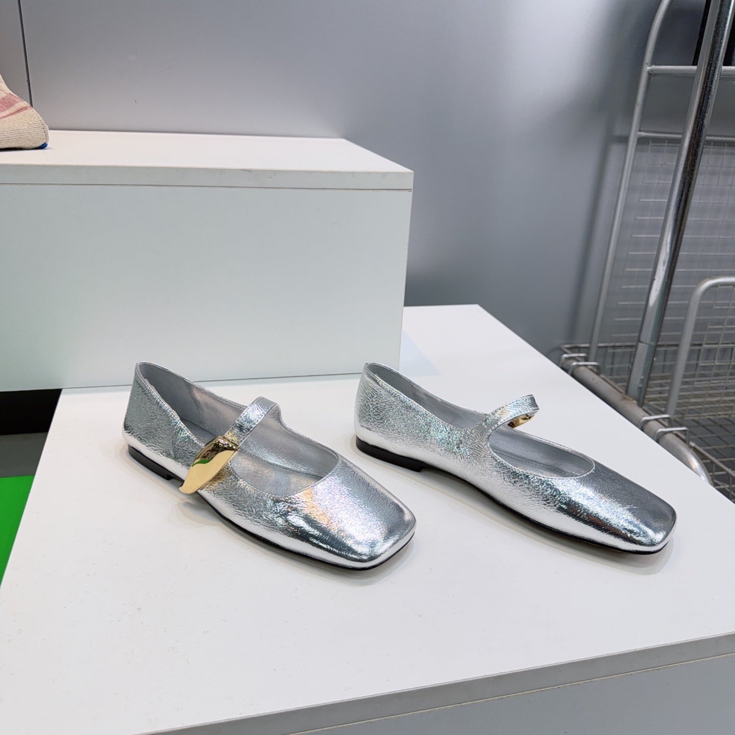BOTTEGA VENETA 26S SQUARE-TOE MARY JANES IN SILVER LAMBSKIN