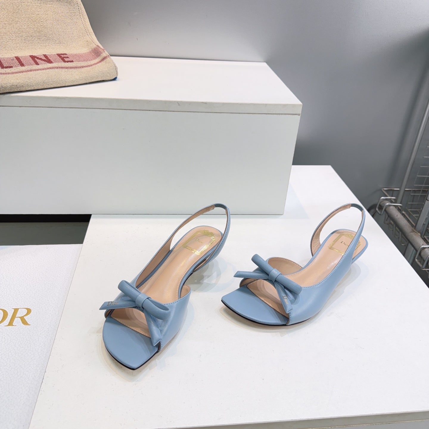 DIOR 26S BOW SLINGBACK SANDALS 45MM IN LIGHT BLUE CALFSKIN