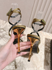 YSL 25S STRAPPY HIGH-HEEL SANDALS 100 MM IN OLIVE GREEN LAMBSKIN