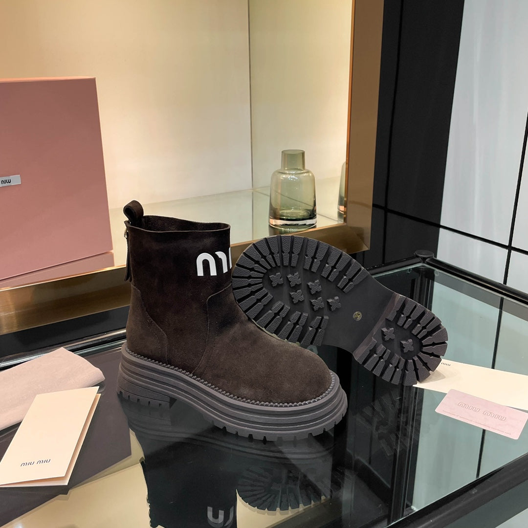 MIUMIU 26S LOGO CHUNKY ANKLE BOOTS IN DARK BROWN SUEDE 