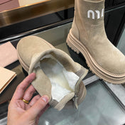 MIUMIU 26S LOGO CHUNKY ANKLE BOOTS IN BEIGE SUEDE 