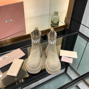MIUMIU 26S LOGO CHUNKY ANKLE BOOTS IN BEIGE SUEDE 