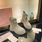MIUMIU 26S LOGO CHUNKY ANKLE BOOTS IN BEIGE SUEDE 