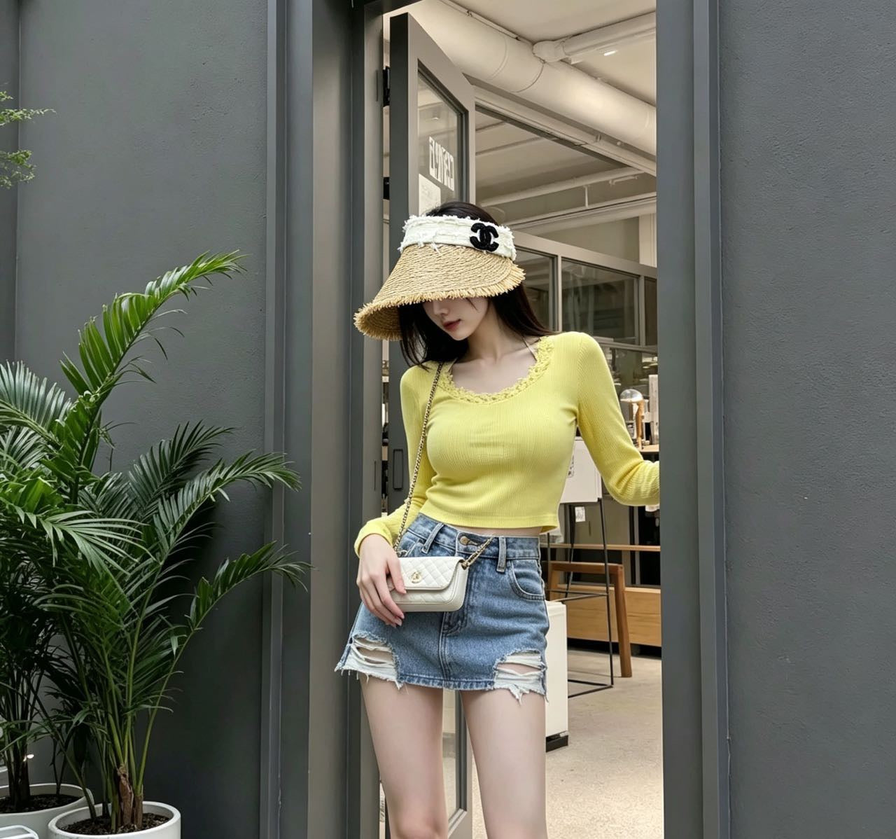 CHANEL 26S RAFFIA VISOR WITH BLACK CC LOGO 338095
