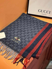 SCARF 180 CM IN NAVY BLUE CASHMERE WITH BEE PATTERN 396476