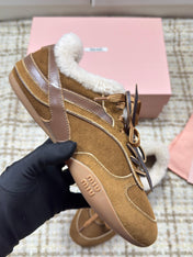 MIUMIU 26S SNEAKERS IN DARK BROWN SUEDE AND SHEARLING