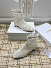 DIOR 26S ANKLE BOOTS 35MM IN WHITE FLORAL LACE MESH BLOCK HEEL