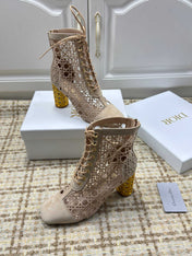 DIOR 26S LACE UP ANKLE BOOTS 80MM IN BEIGE OPENWORK LACE SUEDE GOLD HEEL