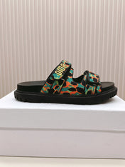 DIOR CLASSIC DOUBLE-STRAP SLIDES 25S IN MULTICOLOR FABRIC AND CALFSKIN