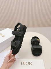 DIOR BACK-STRAP SANDALS 25S IN SLATE BLUE GRAY FABRIC AND BLACK CALFSKIN WITH GOLD HARDWARE
