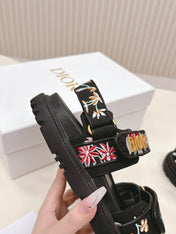 DIOR BACK-STRAP SANDALS 25S IN BLACK CALFSKIN EMBROIDERED WITH PETITES FLEURS