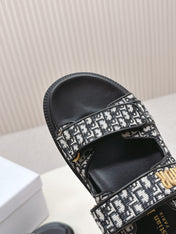 DIOR CLASSIC DOUBLE-STRAP SLIDES 25S IN BLACK FABRIC AND CALFSKIN