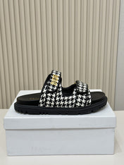 DIOR CLASSIC DOUBLE-STRAP SLIDES 25S IN WHITE MIX BLACK TWEED AND CALFSKIN