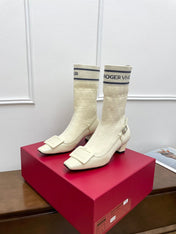 BELLE VIVIER SOCK LACQUERED BUCKLE ANKLE BOOTS IN OFF WHITE CALFSKIN AND TECHNICAL FABRIC